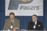 22 May 1997: Coach Larry Bird and team president Donnie Walsh of the Indiana Pacers speak to reporters during a press conference in Indianapolis, Indiana.