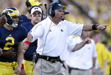 ANN ARBOR, MI - SEPTEMBER 27: Head coach Rich Rodriguez of the Michigan Wolverines reacts after fourth quarter play while playing the Wisconsin Badgers on September 27, 2008 at Michigan Stadium in Ann Arbor, Michigan. (Photo by Gregory Shamus/Getty Images)