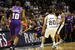 SAN ANTONIO - MAY 14:  Guard Steve Nash #13 of the Phoenix Suns falls out of bounds after a flagrant foul by Robert Horry #5 of the San Antonio Spurs in Game Four of the Western Conference Semifinals during the 2007 NBA Playoffs on May 14, 2007 at AT&T Center in San Antonio, Texas. The Suns defeated the Spurs 104-98 to tie the series 2-2.  NOTE TO USER: User expressly acknowledges and agrees that, by downloading and or using this photograph, User is consenting to the terms and conditions of the Getty Images License Agreement.  (Photo by Ronald Martinez/Getty Images)