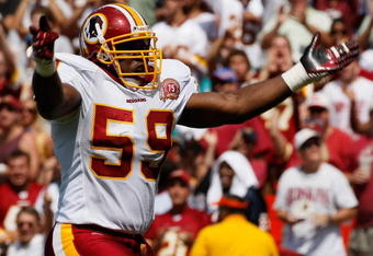 WASHINGTON - SEPTEMBER 09: Linebacker London Fletcher #59 of the Washington Redskins celebrates after a key play in second quarter action against the Miami Dolphins at FedEx Field September 9, 2007 in Landover, Maryland. The Redskins defeated the Miami Dolphins 16-13.  (Photo by Win McNamee/Getty Images)