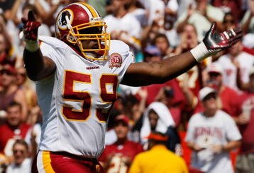 WASHINGTON - SEPTEMBER 09: Linebacker London Fletcher #59 of the Washington Redskins celebrates after a key play in second quarter action against the Miami Dolphins at FedEx Field September 9, 2007 in Landover, Maryland. The Redskins defeated the Miami Dolphins 16-13.  (Photo by Win McNamee/Getty Images)