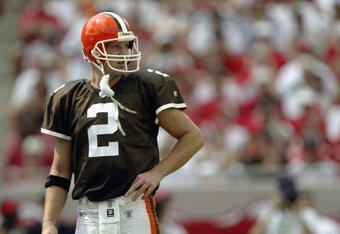 TAMPA, FL - OCTOBER 13:  Quarterback Tim Couch #2 of the Cleveland Browns stands on the field during the NFL game against the Tampa Bay Buccaneers on October 13, 2002 at Raymond James Stadium in Tampa, Florida.  The Buccaneers won 17-3. (Photo by Andy Lyons/Getty Images)