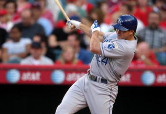ANAHEIM, CA - MAY 09: Mark Teahen 24 of the Kansas City Royals bats against the Los Angeles Angels of Anaheim on May 9, 2009 at Angel Stadium in Anaheim, California. The Angels won 1-0.  (Photo by Stephen Dunn/Getty Images)