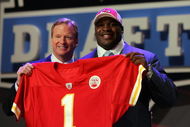 NEW YORK - APRIL 26: Glenn Dorsey poses for a photo after being selected as the fifth overall pick by the Kansas City Chiefs with National Football League Commissioner Roger Goodell during the 2008 NFL Draft on April 26, 2008 at Radio City Music Hall in New York, New York. (Photo by Jim McIsaac/Getty Images)