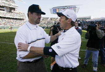 CINCINNATI - OCTOBER 13:  Head coach Bill Cowher (L) of the Pittsburgh Steelers greets head coach Dick LeBeau of the Cincinnati Bengals after a game at Paul Brown Stadium on October 13, 2002 in Cincinnati, Ohio.  The Steelers beat the Bengals 34-7. (Photo by Tom Pidgeon/Getty Images)