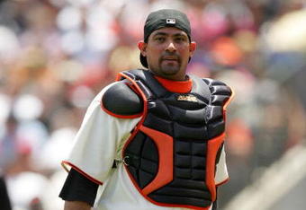 SAN FRANCISCO - JUNE 17:  Bengie Molina #1 of the San Francisco Giants walks back to the dugout in between innings during their game against the Los Angeles Angels of Anaheim at AT&T Park on June 17, 2009 in San Francisco, California.  (Photo by Ezra Shaw/Getty Images)