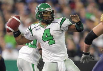 TORONTO - NOVEMBER 25:  Kerry Joseph #4 of the Saskatchewan Rough Riders passes in the pocket against the Winnipeg Blue Bombers during the third quarter of the 95th Grey Cup on November 25, 2007 at the Rogers Centre in Toronto, Ontario, Canada.  (Photo by Harry How/Getty Images)