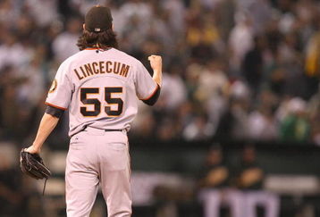 OAKLAND, CA - JUNE 23:  Tim Lincecum #55 of the San Francisco Giants pumps his fist against the Oakland Athletics during a Major League Baseball game on June 23, 2009 at the Oakland Coliseum in Oakland, California.  (Photo by Jed Jacobsohn/Getty Images)