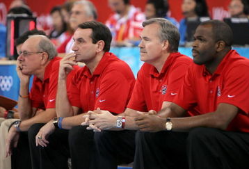 BEIJING - AUGUST 20:  (L-R)  The coaching staff of the Unites States, Jim Boeheim, Mike Krzyzewski, Mike D?Antoni and Nate McMillan look on from the sidelines during the men's basketball quarterfinal game against Australia at the Olympic Basketball Gymnasium during Day 12 of the Beijing 2008 Olympic Games on August 20, 2008 in Beijing, China.  (Photo by Streeter Lecka/Getty Images)