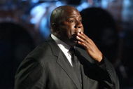 LOS ANGELES, CA - JULY 07:  Former NBA star Magic Johnson pauses as he speaks during the Michael Jackson public memorial service held at Staples Center on July 7, 2009 in Los Angeles, California. Jackson, the iconic pop star, died at the age of 50 at UCLA Medical Center after going into cardiac arrest at his rented home on June 25 in Los Angeles. (Photo by Mario Anzuoni-Pool/Getty Images)