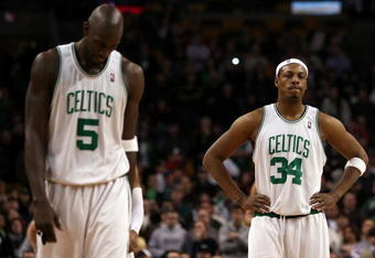 BOSTON - FEBRUARY 08:  Paul Pierce #34 and Kevin Garnett #5 of the Boston Celtics react after losing to the San Antonio Spurs on February 8, 2009 at TD Banknorth Garden in Boston, Massachusetts. The Spurs defeated the Celtics 105-99. NOTE TO USER: User expressly acknowledges and agrees that, by downloading and or using this Photograph, user is consenting to the terms and conditions of the Getty Images License Agreement.  (Photo by Elsa/Getty Images)