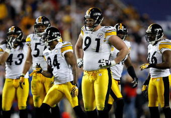 TAMPA, FL - FEBRUARY 01:  (L-R) Troy Polamalu #43, James Farrior #51, Ike Tayloer #24, Aaron Smith #91, Bryant McFadden #20 and Deshea Townsend #26 of the Pittsburgh Steelers get into position on defense against the Arizona Cardinals during Super Bowl XLIII on February 1, 2009 at Raymond James Stadium in Tampa, Florida. Steelers won 27-23. (Photo by Chris Graythen/Getty Images)