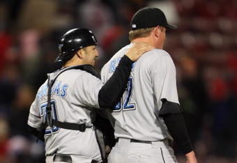 BOSTON - MAY 1:  Rod Barajas #20 of the Toronto Blue Jays congratulates B.J. Ryan #52 following the game against the Boston Red Sox on May 1, 2008 at Fenway Park in Boston, Massachusetts. (Photo by Elsa/Getty Images)