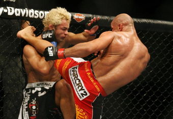 CHICAGO- OCTOBER 25:  Josh Koscheck (L) fights Thiago Alves in a Welterweight bout  at UFC's Ultimate Fight Night at Allstate Arena on October 25, 2008 in Chicago, Illinois. (Photo by Tasos Katopodis/Getty Images)