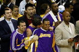 ORLANDO, FL - JUNE 14:  The Los Angeles Lakers bench celebrate in the final moments of their win over the Orlando Magic in Game Five of the 2009 NBA Finals on June 14, 2009 at Amway Arena in Orlando, Florida.  The Lakers won 99-86.  NOTE TO USER:  User expressly acknowledges and agrees that, by downloading and or using this photograph, User is consenting to the terms and conditions of the Getty Images License Agreement.  (Photo by Chris Graythen/Getty Images)