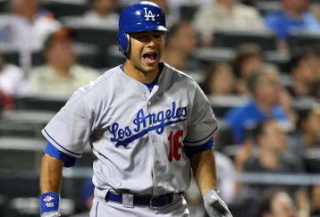 NEW YORK - JULY 08:  Andre Ethier #16 of the Los Angeles Dodgers reacts after popping out to end the fifth inning against the New York Mets on July 8, 2009 at Citi Field in the Flushing neighborhood of the Queens borough of New York City.  (Photo by Jim McIsaac/Getty Images)
