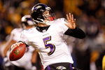 PITTSBURGH - JANUARY 18:  Quarterback Joe Flacco #5 of the Baltimore Ravens looks to pass against the  Pittsburgh Steelers during the first quarter AFC championship game on January 18, 2009 at Heinz Field in Pittsburgh, Pennsylvania.  (Photo by Gregory Shamus/Getty Images)