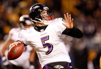 PITTSBURGH - JANUARY 18:  Quarterback Joe Flacco #5 of the Baltimore Ravens looks to pass against the  Pittsburgh Steelers during the first quarter AFC championship game on January 18, 2009 at Heinz Field in Pittsburgh, Pennsylvania.  (Photo by Gregory Shamus/Getty Images)