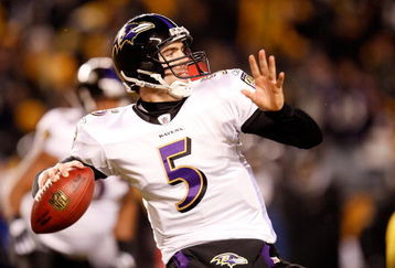 PITTSBURGH - JANUARY 18:  Quarterback Joe Flacco #5 of the Baltimore Ravens looks to pass against the  Pittsburgh Steelers during the first quarter AFC championship game on January 18, 2009 at Heinz Field in Pittsburgh, Pennsylvania.  (Photo by Gregory Shamus/Getty Images)