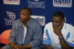 NASHVILLE, TN - JULY 6: Former Tennessee Titans players Eddie George (L) and Brad Hopkins attend a press conference in reaction to the death of former Titan star quarterback Steve McNair July 6, 2009 in Nashville, Tennessee.  McNair was found shot to death in a Nashville condominium on July 4th, his girlfreinds' body was also found at the scene.  (Photo by Rusty Russell/Getty Images)