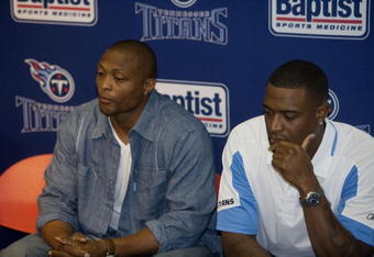 NASHVILLE, TN - JULY 6: Former Tennessee Titans players Eddie George (L) and Brad Hopkins attend a press conference in reaction to the death of former Titan star quarterback Steve McNair July 6, 2009 in Nashville, Tennessee.  McNair was found shot to death in a Nashville condominium on July 4th, his girlfreinds' body was also found at the scene.  (Photo by Rusty Russell/Getty Images)