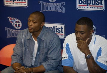 NASHVILLE, TN - JULY 6: Former Tennessee Titans players Eddie George (L) and Brad Hopkins attend a press conference in reaction to the death of former Titan star quarterback Steve McNair July 6, 2009 in Nashville, Tennessee.  McNair was found shot to death in a Nashville condominium on July 4th, his girlfreinds' body was also found at the scene.  (Photo by Rusty Russell/Getty Images)