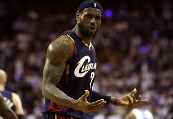 ORLANDO, FL - MAY 30: LeBron James #23 of the Cleveland Cavaliers reacts after a play against the Orlando Magic in Game Six of the Eastern Conference Finals during the 2009 Playoffs at Amway Arena on May 30, 2009 in Orlando, Florida. NOTE TO USER: User expressly acknowledges and agrees that, by downloading and or using this photograph, User is consenting to the terms and conditions of the Getty Images License Agreement  (Photo by Elsa/Getty Images)
