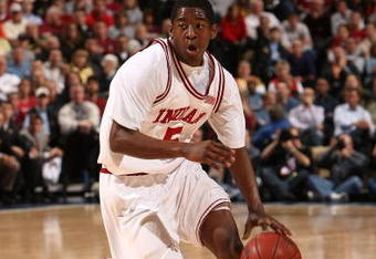INDIANAPOLIS - MARCH 14:  Jordan Crawford #5 of the Indiana Hoosiers drives against the Minnesota Golden Gophers during the Big Ten Men's Basketball Tournament at Conseco Fieldhouse on March 14, 2008 in Indianapolis, Indiana.  (Photo by Jonathan Daniel/Getty Images)