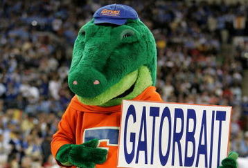 INDIANAPOLIS - APRIL 03:  The Florida Gators mascot holds up a sign saying 'Gatorbait' against the UCLA Bruins during the National Championship game of the NCAA Men's Final Four on April 3, 2006 at the RCA Dome in Indianapolis, Indiana. The Gators defeated the Bruins 73-57 to become national champions. The Gators defeated the Bruins 73-57 to become national champions. (Photo by Andy Lyons/Getty Images)