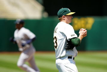 OAKLAND, CA - MAY 27:  Trevor Cahill #53 of the Oakland Athletics rubs a new ball after he gave up a two run home run to Russell Branyan #30 of the Seattle Mariners in the sixth inning that also scored Ken Griffey Jr. (in background) at the Oakland Coliseum on May 27, 2009 in Oakland, California.  (Photo by Ezra Shaw/Getty Images)