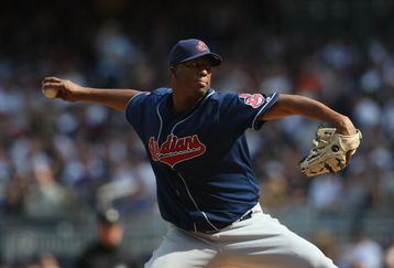 NEW YORK - APRIL 18:  Fausto Carmona #55 of the Cleveland Indians pitches against the New York Yankees at Yankee Stadium on April 18, 2009 in the Bronx borough of New York City.  (Photo by Nick Laham/Getty Images)