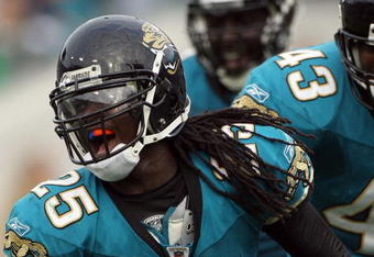 JACKSONVILLE, FL - DECEMBER 14:  Reggie Nelson #25 of the Jacksonville Jaguars celebrates after making an interception during the game against the Green Bay Packers at Jacksonville Municipal stadium on December 14, 2008 in Jacksonville, Florida.  (Photo by Sam Greenwood/Getty Images)