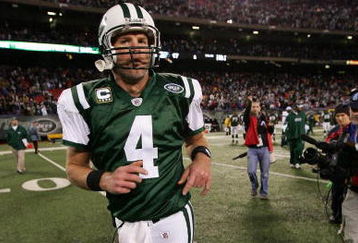 EAST RUTHERFORD, NJ - DECEMBER 28: Brett Favre #4 of The New York Jets leaves the field after losing to The Miami Dolphins after their game on December 28, 2008 at Giants Stadium in East Rutherford, New Jersey. (Photo by Al Bello/Getty Images)