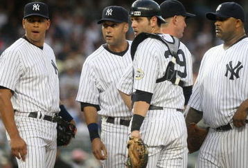 NEW YORK - JULY 2: (L-R) Alex Rodriguez #13, Derek Jeter #2, Francisco Cervelli #29, pitching coach Dave Eiland #58, CC Sabathia #55 and Robinson Cano #24 of the New York Yankees meet on the mound during action against the Seattle Mariners at Yankee Stadium on July 2, 2009 in the Bronx borough of New York City.  (Photo by Nick Laham/Getty Images)