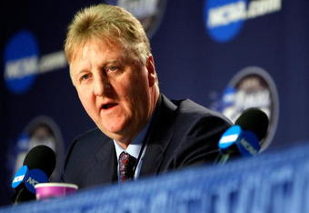 DETROIT - APRIL 06:  Larry Bird answers questions with Earvin 'Magic' Johnson (not pictured) during a news conference to relive their 1979 NCAA Championship Game between Indiana State and Michigan State before the 2009 NCAA Division I Men's Basketball National Championship game at Ford Field on April 6, 2009 in Detroit, Michigan.  (Photo by Gregory Shamus/Getty Images)