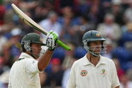 CARDIFF, WALES - JULY 09:  Ricky Ponting (L) of Australia acknowledges his half century with Simon Katich during day two of the npower 1st Ashes Test Match between England and Australia at the SWALEC Stadium on July 9, 2009 in Cardiff, Wales.  (Photo by Clive Rose/Getty Images)