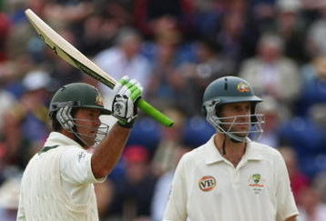 CARDIFF, WALES - JULY 09:  Ricky Ponting (L) of Australia acknowledges his half century with Simon Katich during day two of the npower 1st Ashes Test Match between England and Australia at the SWALEC Stadium on July 9, 2009 in Cardiff, Wales.  (Photo by Clive Rose/Getty Images)