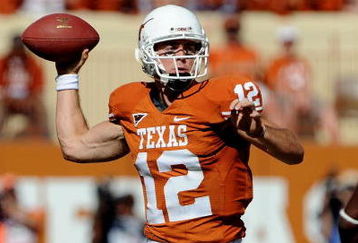 AUSTIN, TX - OCTOBER 25:  Quarterback Colt McCoy #12 of the Texas Longhorns during play against the Oklahoma State Cowboys at Texas Memorial Stadium on October 25, 2008 in Austin, Texas.  (Photo by Ronald Martinez/Getty Images)