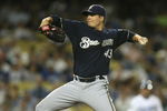LOS ANGELES, CA - AUGUST 15: Manny Parra #43 of the Milwaukee Brewers throws a pitch against the Los Angeles Dodgers on August 15, 2008 at Dodger Stadium in Los Angeles, California. (Photo by Stephen Dunn/Gety Images)