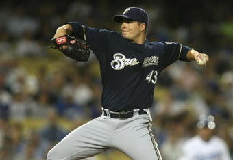 LOS ANGELES, CA - AUGUST 15: Manny Parra #43 of the Milwaukee Brewers throws a pitch against the Los Angeles Dodgers on August 15, 2008 at Dodger Stadium in Los Angeles, California. (Photo by Stephen Dunn/Gety Images)