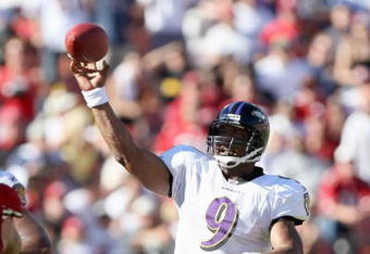 SAN FRANCISCO - OCTOBER 07: Quarterback Steve McNair #9 of the Baltimore Ravens passes the ball during an NFL game against the San Francisco 49ers on October 7, 2007 at Monster Park in San Francisco, California. (Photo by Jed Jacobsohn/Getty Images)