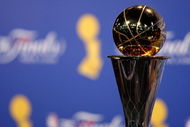 ORLANDO, FL - JUNE 14: The Bill Russell MVP trophy is shown as Kobe Bryant #24 of the Los Angeles Lakers speaks to the media after the Lakers defeated the Orlando Magic in Game Five of the 2009 NBA Finals on June 14, 2009 at Amway Arena in Orlando, Florida. The Lakers won 99-86. NOTE TO USER: User expressly acknowledges and agrees that, by downloading and or using this photograph, User is consenting to the terms and conditions of the Getty Images License Agreement. (Photo by Chris Graythen/Getty Images)