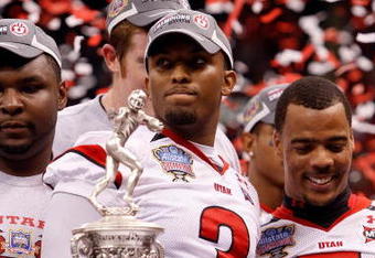 NEW ORLEANS - JANUARY 02:  (L-R) Quarterback Brian Johnson #3 and wide receiver Brent Casteel #5 of the Utah Utes celebrate after defeating the Alabama Crimson Tide 31-17 during the 75th Allstate Sugar Bowl at the Louisiana Superdome on January 2, 2009 in New Orleans, Louisiana.  (Photo by Chris Graythen/Getty Images)