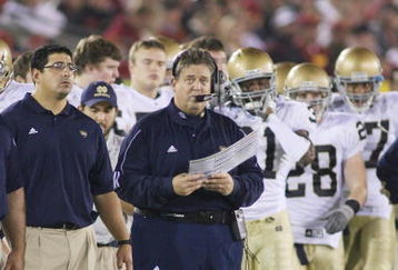 LOS ANGELES - NOVEMBER 29:  Head coach Charlie Weis of the Notre Dame Fighting Irish looks on from the sideline against the USC Trojans on November 29, 2008 at the Los Angeles Memorial Coliseum in Los Angeles, California.  USC won 38-3.  (Photo by Jeff Golden/Getty Images)