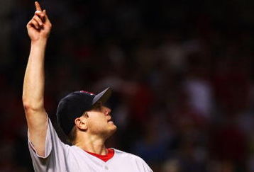 CLEVELAND - OCTOBER 18:  Closing pitcherJonathan Papelbon #58 of the Boston Red Sox points to a fly ball against the Cleveland Indians during Game Five of the American League Championship Series at Jacobs Field on October 18, 2007 in Cleveland, Ohio.  The Red Sox won the game 7-1 making the series 3-2.  (Photo by Elsa/Getty Images)