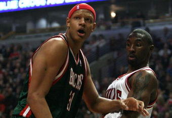 CHICAGO - MARCH 06:  Charlie Villanueva #31 of the Milwaukee Bucks reacts after he didn't get a call on an offensive play which he thought he was fouled on in the first quarter as Ben Gordon #7 of the Chicago Bulls looks on at the United Center on March 6, 2009 in Chicago, Illinois.  NOTE TO USER: User expressly acknowledges and agreees that, by downloading and/or using this Photograph, User is consenting to the terms and conditions of the Getty Images License Agreement.  (Photo by Jonathan Daniel/Getty Images)