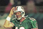 P362973 01: (NORTH AND SOUTH AMERICA SALES ONLY) FILE PHOTO: Dan Marino, quarterback of the Miami Dolphins, seen here December 27, 1999 during a game with the New York Jets. The Dolphins lost to the Jacksonville Jaguars in the second round of the playoffs January 15, 2000 in what might have been Marino's last NFL game. (Photo by Eliot Schechter)