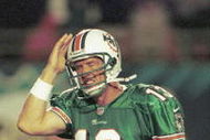 P362973 01: (NORTH AND SOUTH AMERICA SALES ONLY) FILE PHOTO: Dan Marino, quarterback of the Miami Dolphins, seen here December 27, 1999 during a game with the New York Jets. The Dolphins lost to the Jacksonville Jaguars in the second round of the playoffs January 15, 2000 in what might have been Marino's last NFL game. (Photo by Eliot Schechter)