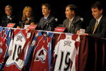 ENGLEWOOD, CO - JULY 09:  Joe Sakic (C) addresses the media as he announces his retirement during a press conference at the Inverness Hotel on July 9, 2009 in Englewood, Colorado. (L-R) are Don Baizley, Debbie Sakic, Joe Sakic, Pierre Lacroix and Greg Sherman. Sakic played 20 years in the NHL with the same organization, the Quebec Nordiques from 1988-1995 and the Colorado Avalanche from 1995 to 2009.  (Photo by Doug Pensinger/Getty Images)