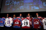ENGLEWOOD, CO - JULY 09:  Joe Sakic (C) is honored as he announces his retirement during a press conference at the Inverness Hotel on July 9, 2009 in Englewood, Colorado. (L-R) are Don Baizley, Debbie Sakic, Joe Sakic, Pierre Lacroix and Greg Sherman. Sakic played 20 years in the NHL with the same organization, the Quebec Nordiques from 1988-1995 and the Colorado Avalanche from 1995 to 2009.  (Photo by Doug Pensinger/Getty Images)